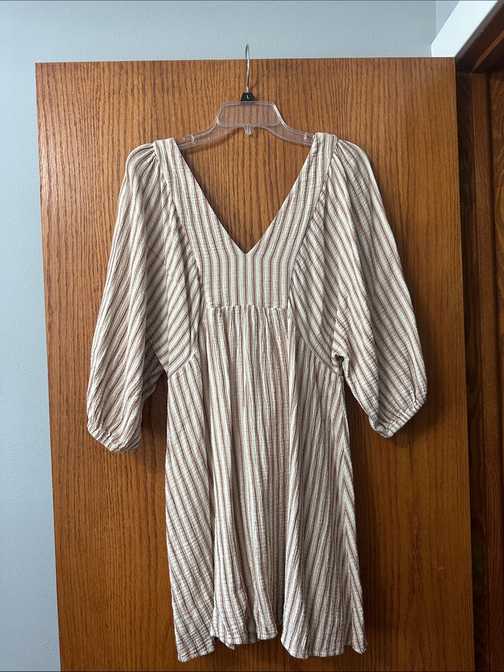 Everly Beige Striped V-Neck Mini Dress